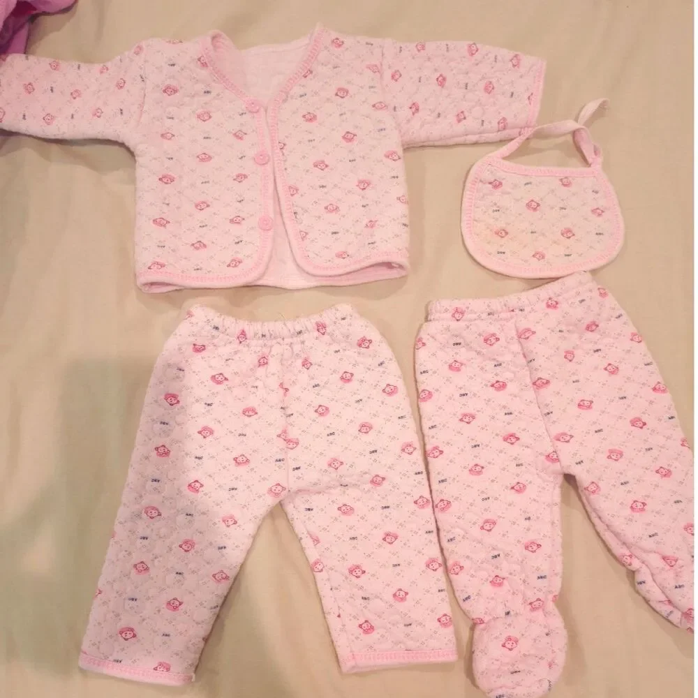 Soft Cotton Blend Top, PJ with Cap and Bib Set for Winter (0-3 Months) (Pink)